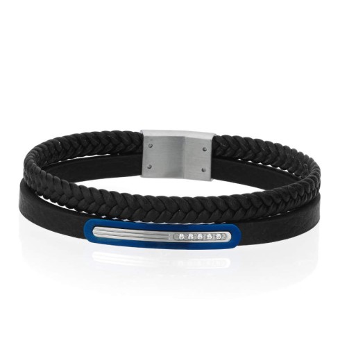 Double Leather Blue Plated Steel Men's Bracelet - CNG Jewels