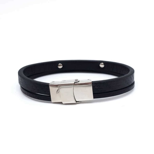 Double Black Leather Plated Steel Men's Bracelet - CNG Jewels (1)