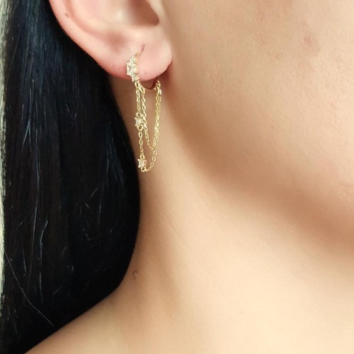 CNG Jewels - İkili Zincirli Taşlı Halka Gold Gümüş Bayan Küpe