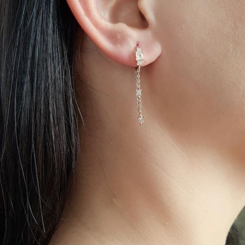 İkili Zincirli Taşlı Halka Rose Gümüş Kadın Küpe - 2