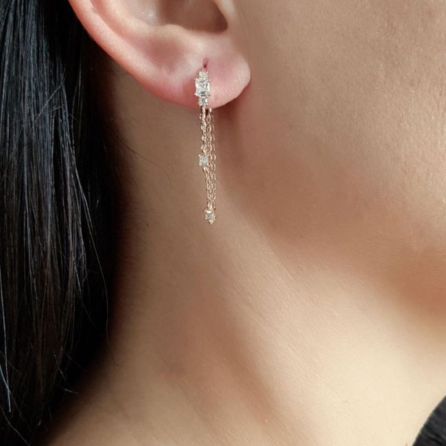 İkili Zincirli Taşlı Halka Rose Gümüş Kadın Küpe - 3