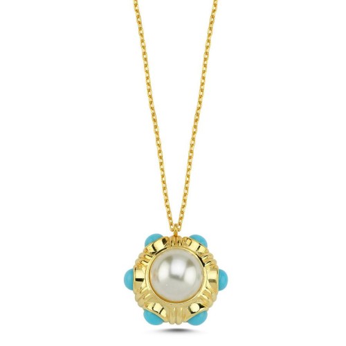 CNG Jewels - İnci Turkuaz Vintage Gold Gümüş Kadın Kolye