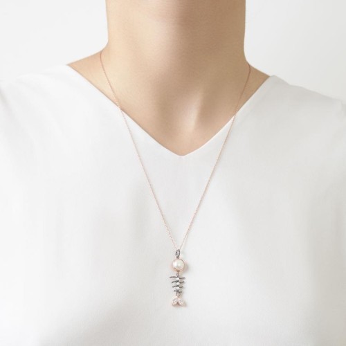 İncili Balık Kılçığı Rose Gümüş Kadın Kolye - 1