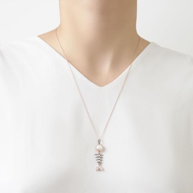 İncili Balık Kılçığı Rose Gümüş Kadın Kolye - 1