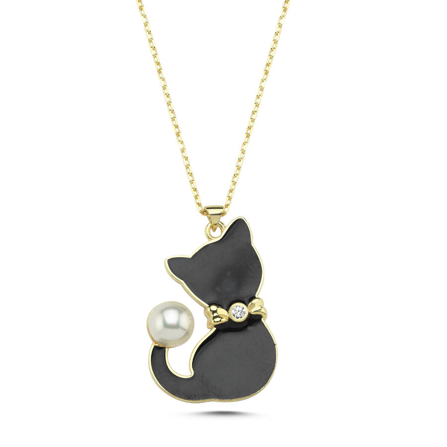 Pearly Black Cat Woman Silver Necklace - CNG Jewels