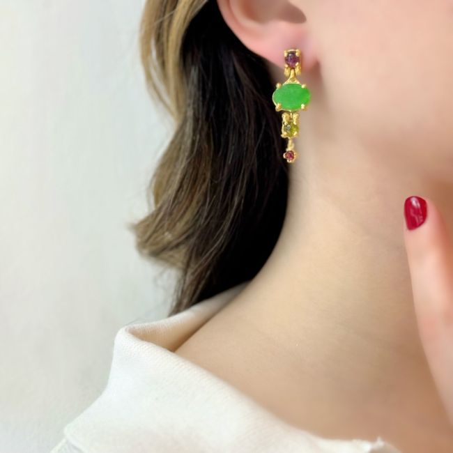 Jade Mix Taşlı Tasarım Kadın Gümüş Küpe - 2