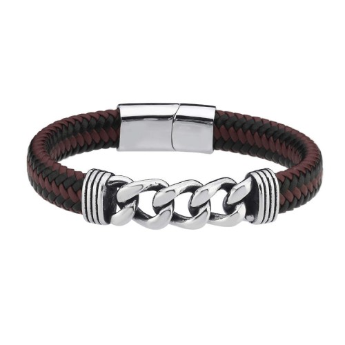 Brown Black Leather Gurmet Chain Steel Men's Bracelet - CNG Jewels
