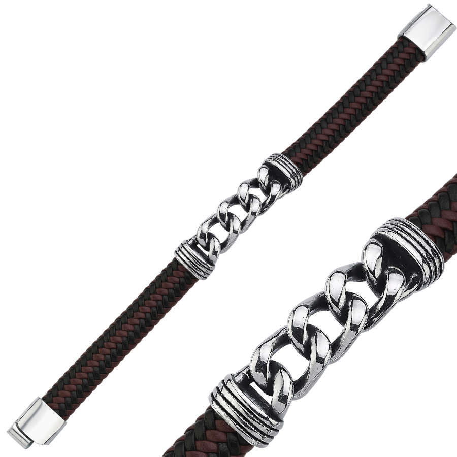 Kahve Siyah Derili Gurmet Zincir Çelik Erkek Bilekliği - CNG Jewels (1)
