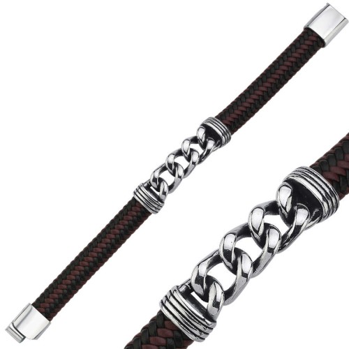 Brown Black Leather Gurmet Chain Steel Men's Bracelet - CNG Jewels (1)