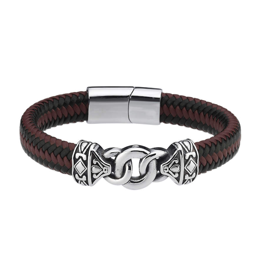 Kahve Siyah Derili Halka Zincir Çelik Erkek Bilekliği - CNG Jewels