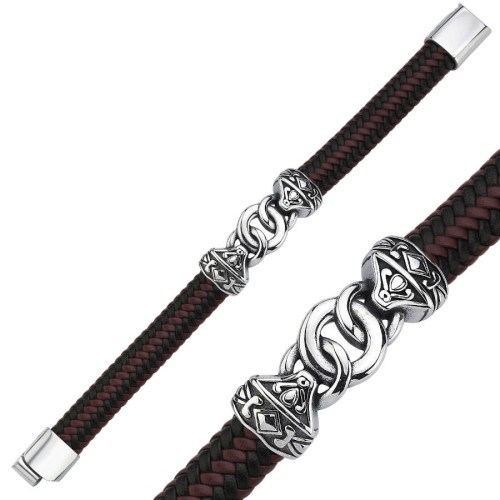 Brown Black Leather Link Chain Steel Men's Bracelet - CNG Jewels (1)