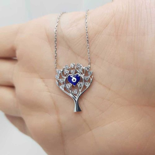 CNG Jewels - Kalp Nazar Boncuklu Hayat Ağacı Gümüş Bayan Kolye