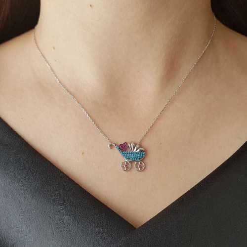 Kalpli Bebek Arabası Puset Gümüş Kadın Kolye - 1