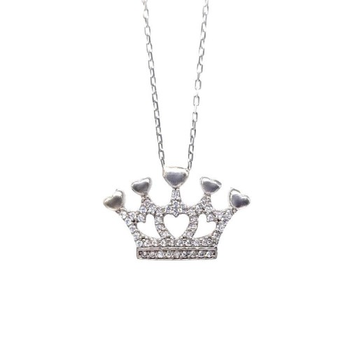 Kalpli Kraliçe Tacı Gümüş Bayan Kolye - Thumbnail