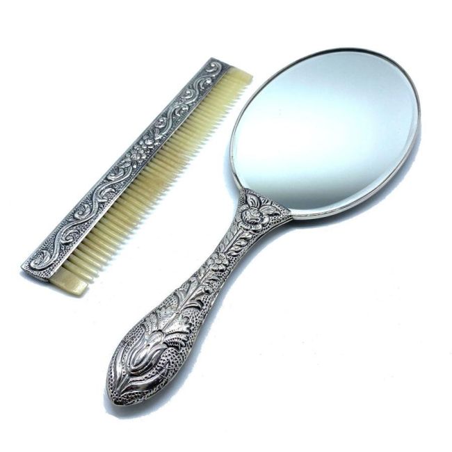 Karanfil Desenli Büyük El Ayna ve Tarak İkili Gümüş Set No 4