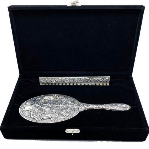 Carnation Patterned Large Hand Mirror and Comb Set of Two Silver No. 4 - CNG Jewels (1)