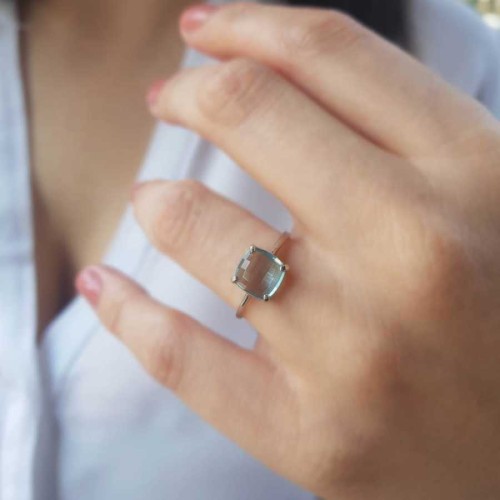 Square Aquamarine Stone Silver Women's Ring - CNG Jewels