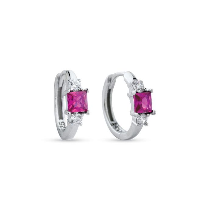 Square Ruby Silver Small Hoop Earrings - 1