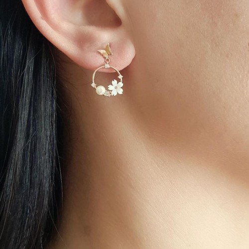 CNG Jewels - Kelebek ve Beyaz Çiçekli Gümüş Bayan Küpe