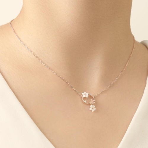 CNG Jewels - Kelebek ve Çiçekli Rose Gümüş Bayan Kolye