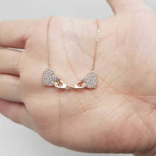 Kelepçeli İki Kalp Gümüş Kadın Kolye - 2