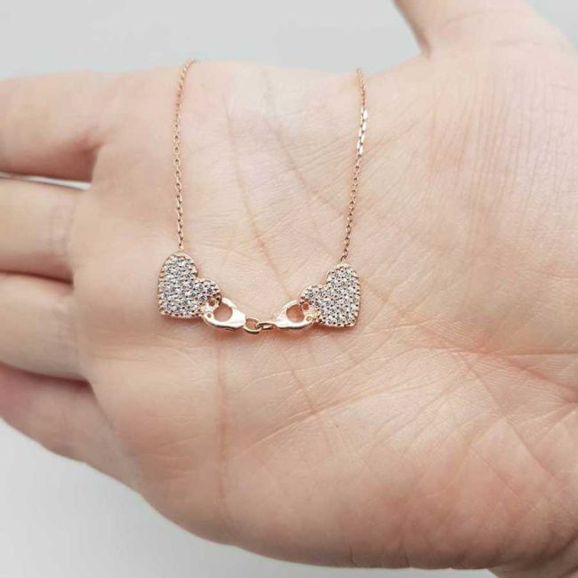 Kelepçeli İki Kalp Gümüş Kadın Kolye - 2