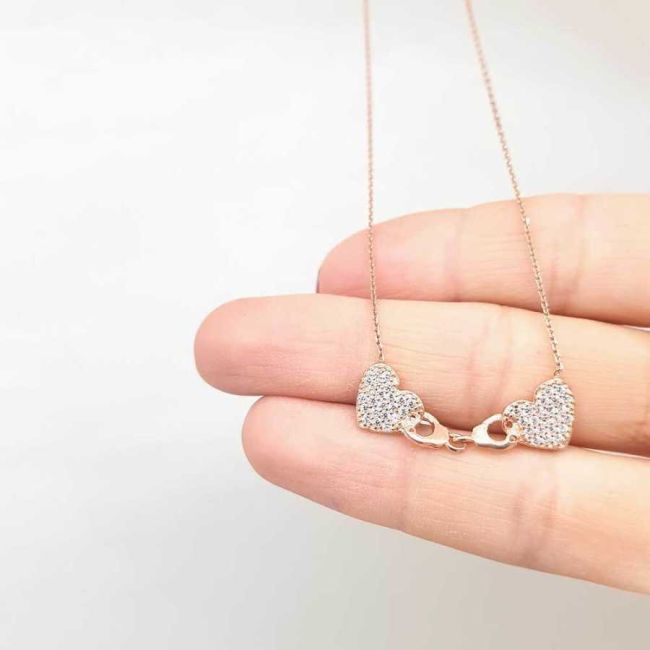 Kelepçeli İki Kalp Gümüş Kadın Kolye - 3