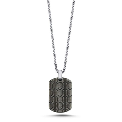 Kilim Pattern Antique Plate Tag Steel Men's Necklace - CNG Jewels