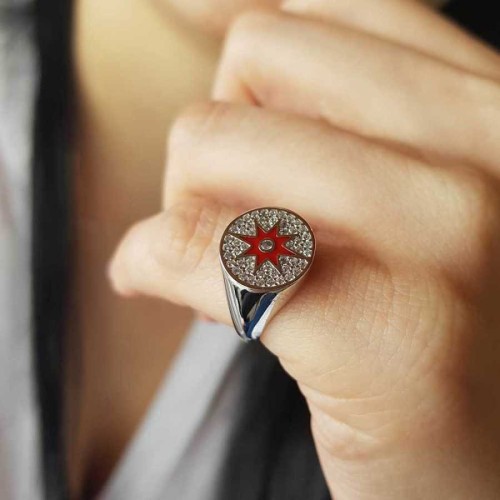Kırmızı Kutup Yıldızı Serçe Parmak Gümüş Bayan Yüzük - Thumbnail