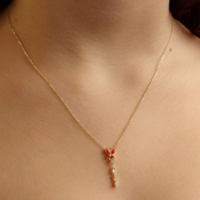 Kırmızı Mineli Kelebek Gold Taşlı Gümüş Kolye - 1