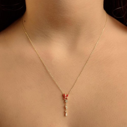 Kırmızı Mineli Kelebek Gold Taşlı Gümüş Kolye - 2