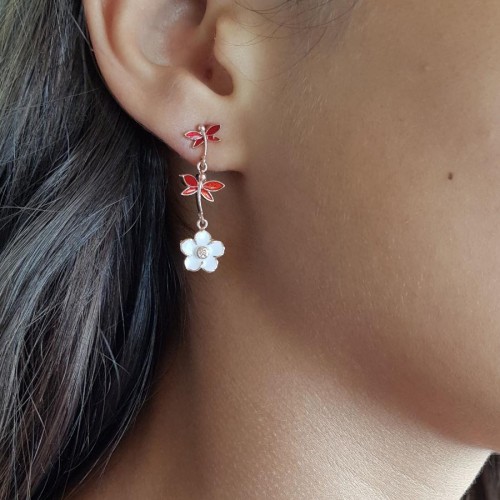 CNG Jewels - Kırmızı Mineli Yusufçuk ve Menekşe Çiçeği Gümüş Bayan Küpe