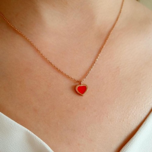 Kırmızı Mini Kalp Rose Gümüş Bayan Kolye - Thumbnail