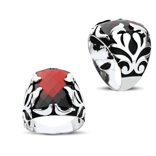 CNG Jewels - Kırmızı Taşlı Alev Modeli Gümüş Erkek Yüzüğü