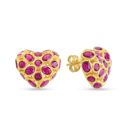 Red Stone Heart Gold Women's Silver Earrings - CNG Jewels