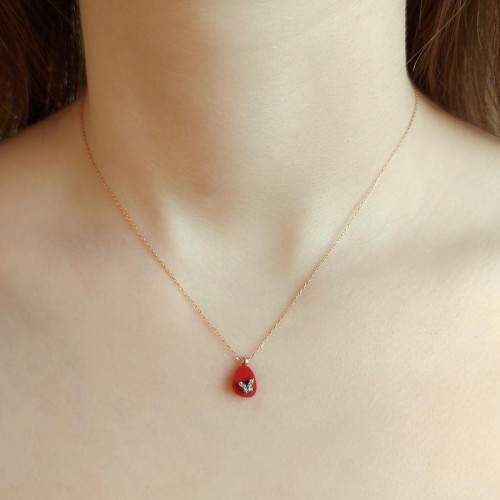 CNG Jewels - Kırmızı Taşlı Kelebek Minimal Tasarım Gümüş Bayan Kolye