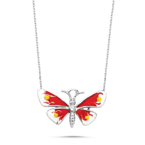 CNG Jewels - Kırmızı ve Beyaz Renkli Kelebek Gümüş Bayan Kolye