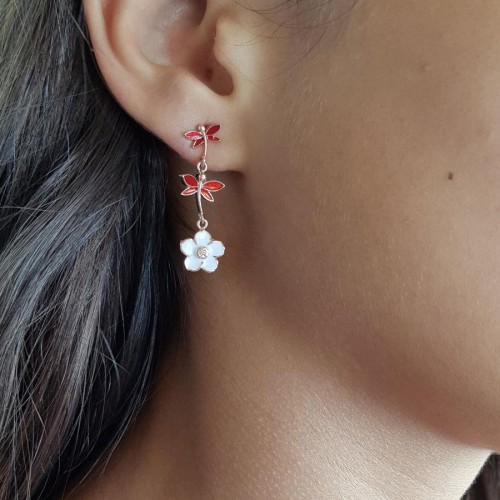 Kırmızı Yusufçuk Beyaz Menekşe Gümüş Küpe - CNG Jewels