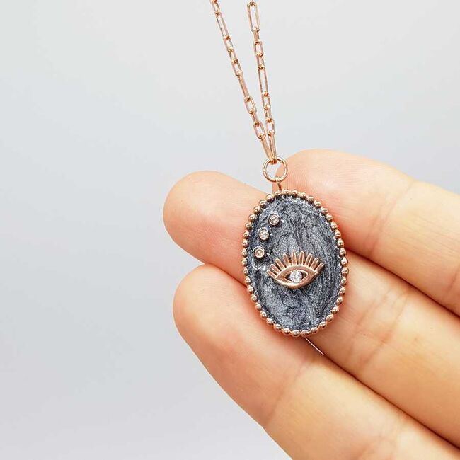 Kirpikli Göz Madalyon Gümüş Kadın Kolye - 1