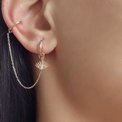 CNG Jewels - Kirpikli Göz Zincirli Kıkırdak Rosegold Gümüş Bayan Küpe