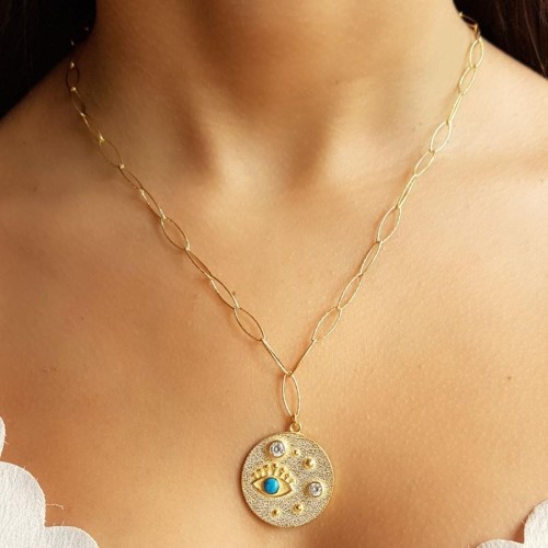 CNG Jewels - Kirpikli Gözlü Yuvarlak Plaka Tasarım Halkalı Zincir Gold Gümüş Bayan Kolye