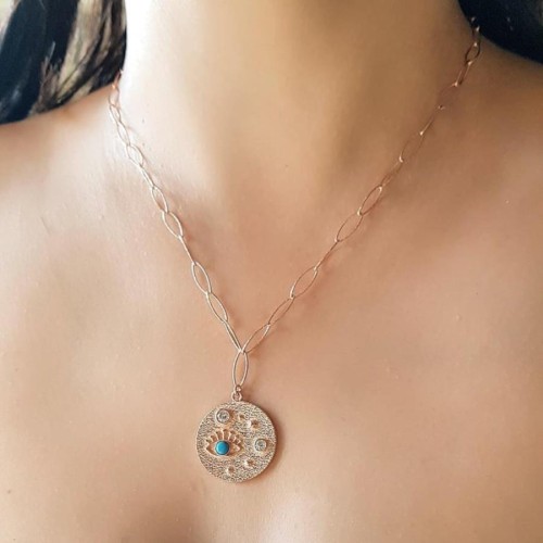 CNG Jewels - Kirpikli Gözlü Yuvarlak Plaka Tasarım Halkalı Zincir Gümüş Bayan Kolye