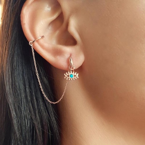 Kirpikli Turkuaz Göz Zincirli Rose Kıkırdak Gümüş Küpe - CNG Jewels