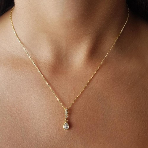 CNG Jewels - Klasik Damla Taşlı Gold Gümüş Bayan Kolye
