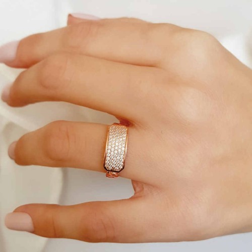 Kolu Zincir Desenli Taşlı Rosegold Gümüş Kadın Yüzük - CNG Jewels
