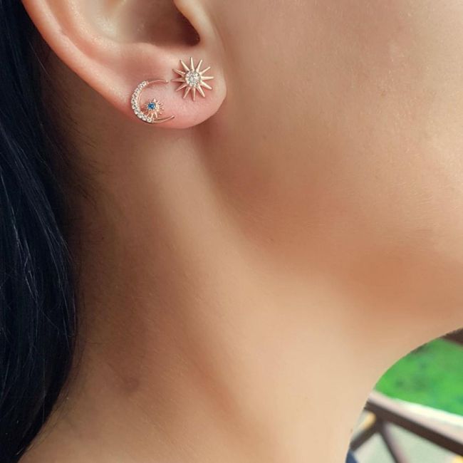 Küçük Taşlı Ay Yıldız Rose Gümüş Kadın Küpe - 1