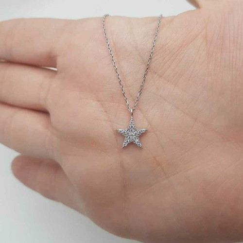 Küçük Taşlı Yıldız Gümüş Bayan Kolye - Thumbnail