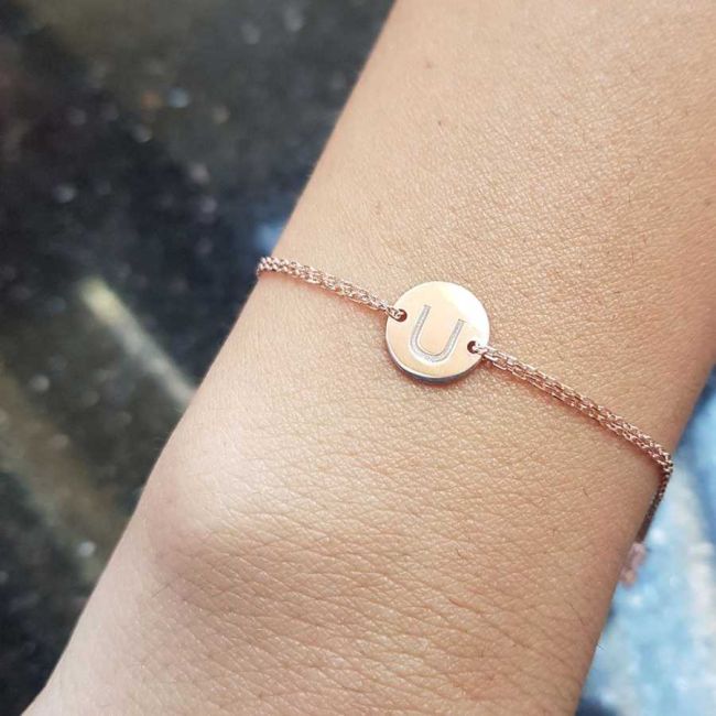 Küçük Yuvarlak Plaka U Harfi Rose Gold Gümüş Kadın Bileklik - 1