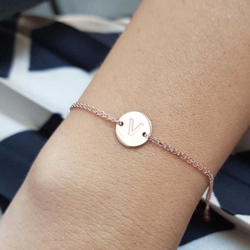Small Round Plate Letter V Rose Gold Silver Women's Bracelet - CNG Jewels
