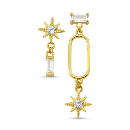 CNG Jewels - Kutup Yıldızı Baget Taşlı Asimetrik Gold Gümüş Kadın Küpe